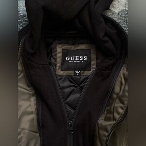 GUESS Men's Black and Olive bomber Jacket with remove-able jacket hood inlet